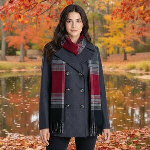 NEW London Fog Women's Double-Breasted Wool-Blend Peacoat with Scarf, Charcoal G